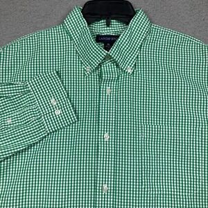 Lands' End Shirt Men's XL Green Gingham Check‎ Button Down Long Sleeve Casual